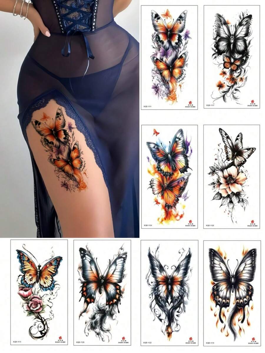 8 Sheets Color Flower Butterfly Temporary Tattoo Stickers Rose Butterfly Waterproof Fake Tattoos Human Body Art For Women