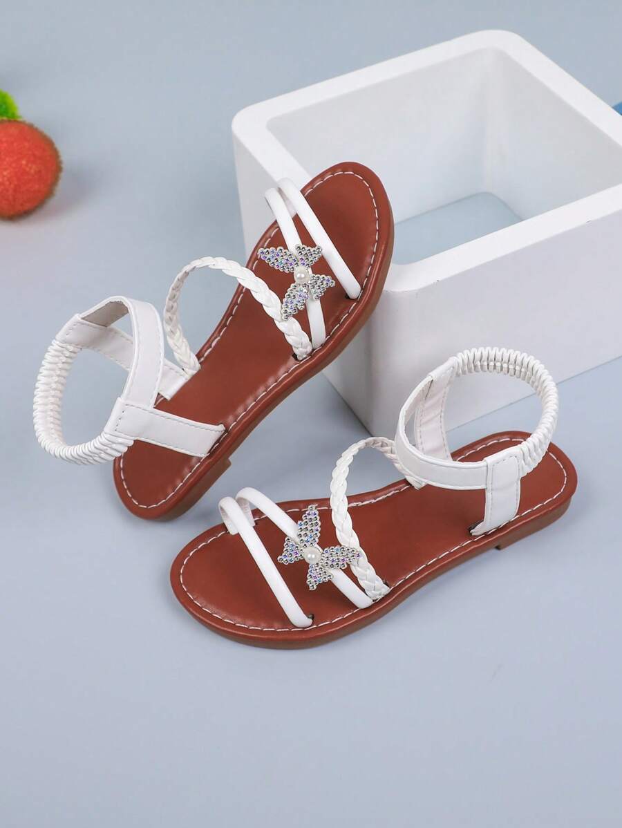 1 paar meisjes zomer zwarte platte sandalen met strik decor, elastische band open teen comfortabele ademende antislip kinderen casual schattige prinsessen schoenen