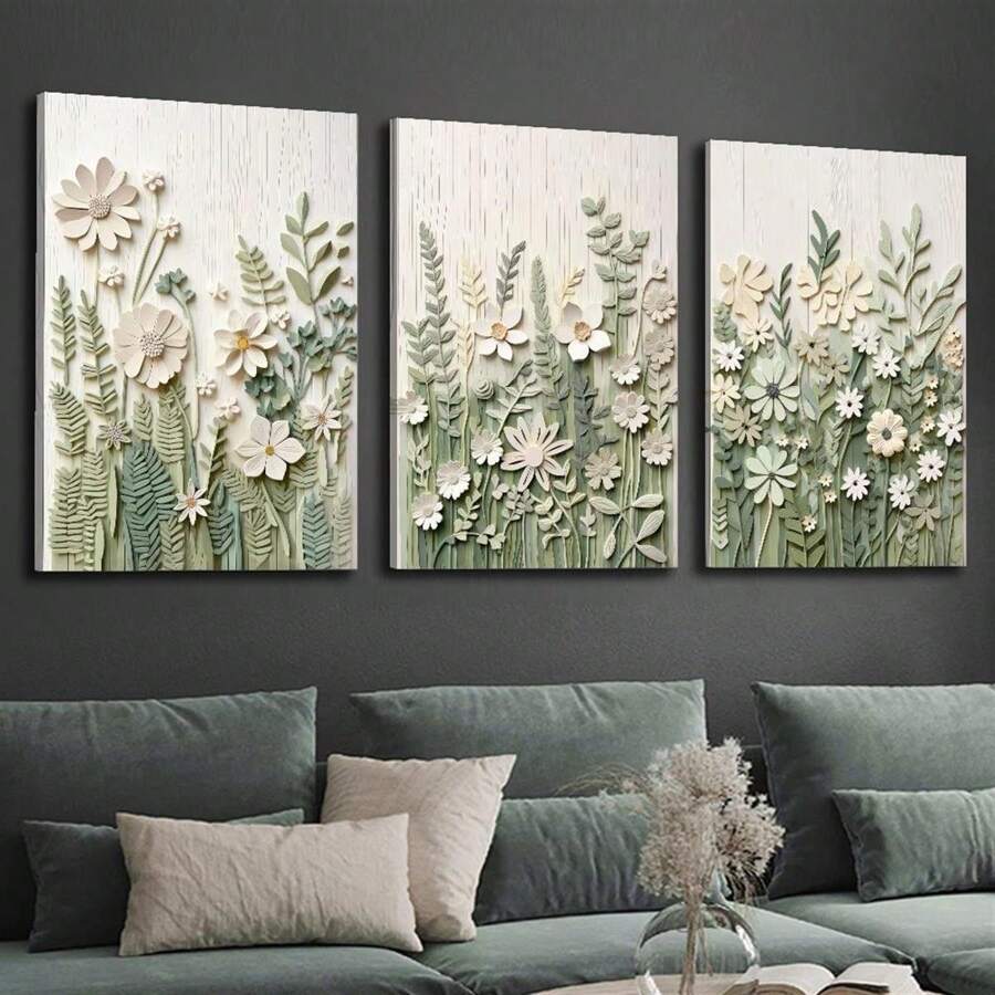 3pcs/Set No Frame Canvas Prints, Green Leaves And Flowers Decorative Painting, Light Green Flower Decoration, 3D Artistic Flower Prints, Indoor Home Wall Decoration Art Gifts Birthday Graduation