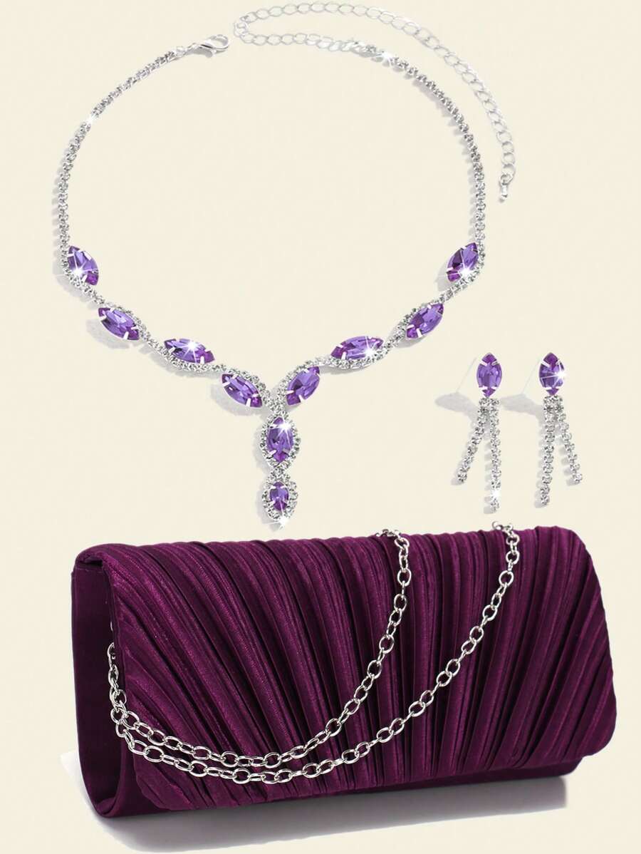 Glitter Women Clutch Purple Color Fashion Lady Evening Bags Party Wedding Chain Shoulder Envelope Design Shoulder Box Purse With Elegant Rhinestones Necklace Earrings Jewelry Set For Wedding Bridal