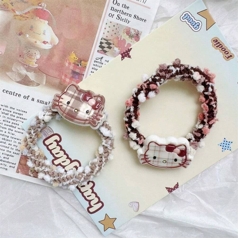 Sanrio 1 szt. Kawaii Plaid Cat Design Hair Scrunchie, uniwersalna słodka dziewczęca opaska do włosów Ponytail Holder