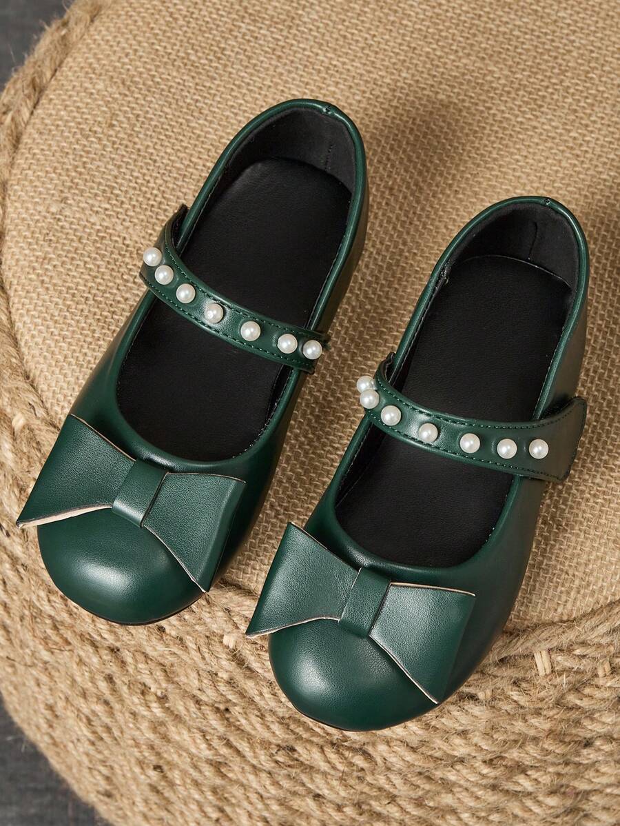 1 Paio di scarpe da principessa in pelle verde militare per bambini, scarpe da cerimonia con punta tonda, fatte a mano con perline e fiocchi, in morbida pelle, stile scuola alla moda per ragazze