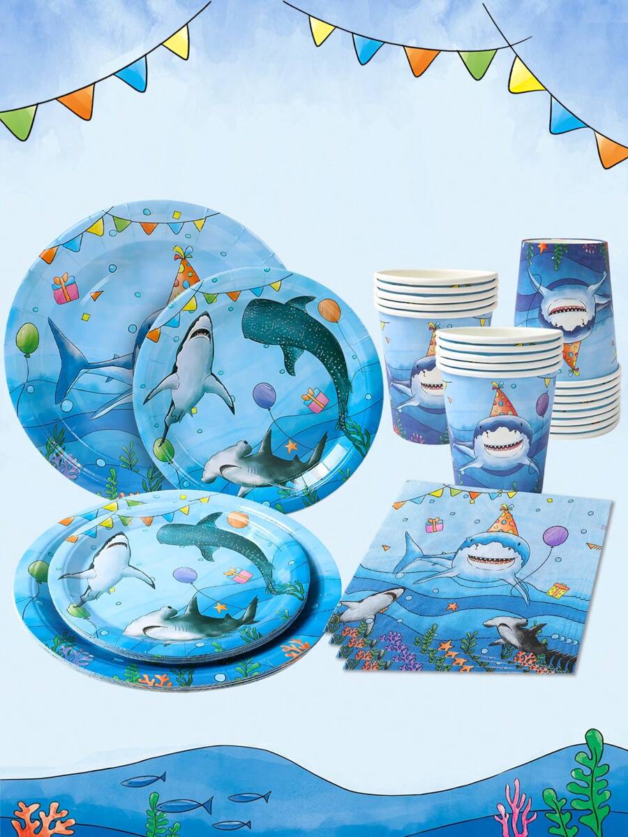 Conjunto de Utensílios de Mesa de Decoração da Festa do Tubarão Marinho, Tema Marinho Pratos de Papel e Copos de Papel de 7/9 Polegadas, Conjuntos de Guardanapos, Decoração da Festa do Tubarão, Suprimentos para Festa de Aniversário, Chá de Bebê, Jantar, Serve 8 Pessoas