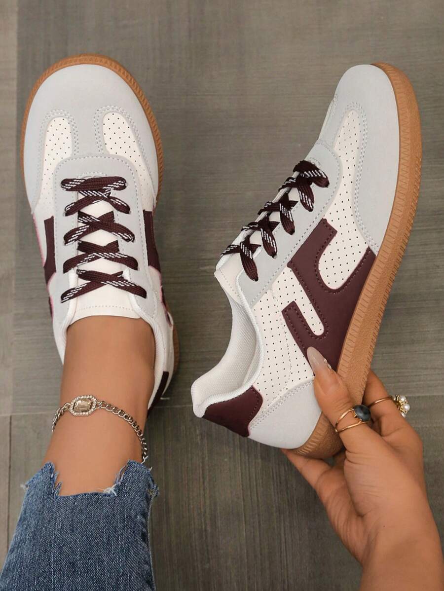 Women's Casual Sport Shoes, 2025 Spring/Autumn New Fashionable Versatile Athletic Sneakers, Lightweight Breathable Comfortable Lace-Up Casual Shoes, Contrast Color Minimalist Design, Suitable For Young Women Outdoor Leisure And Fitness Training