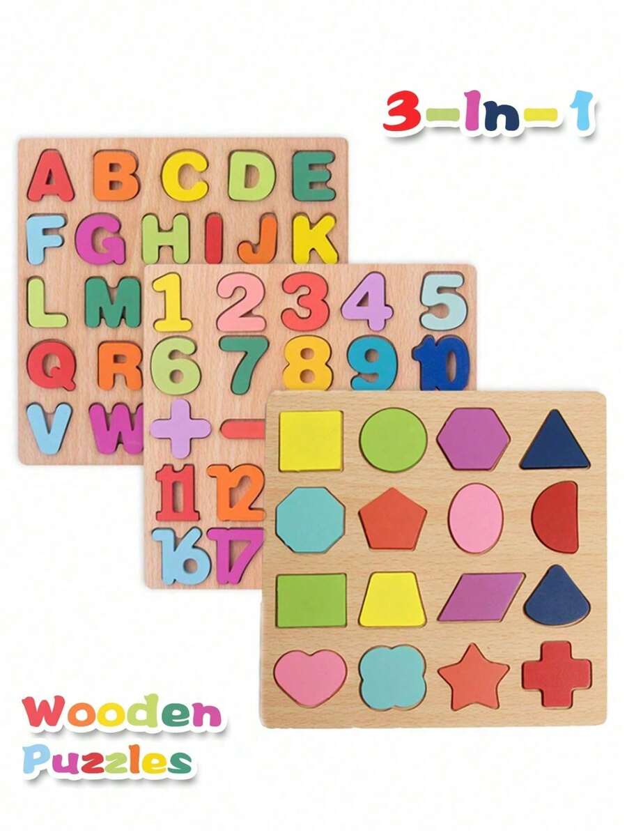 3-In-1 Wooden Puzzles For Toddlers, Wooden Alphabet Number Shape Puzzles Toddler Learning Puzzle Toys For Kids, 3 In 1 Puzzle For Toddlers, Age 3+,Toys,Kids Toys,Wooden Toys