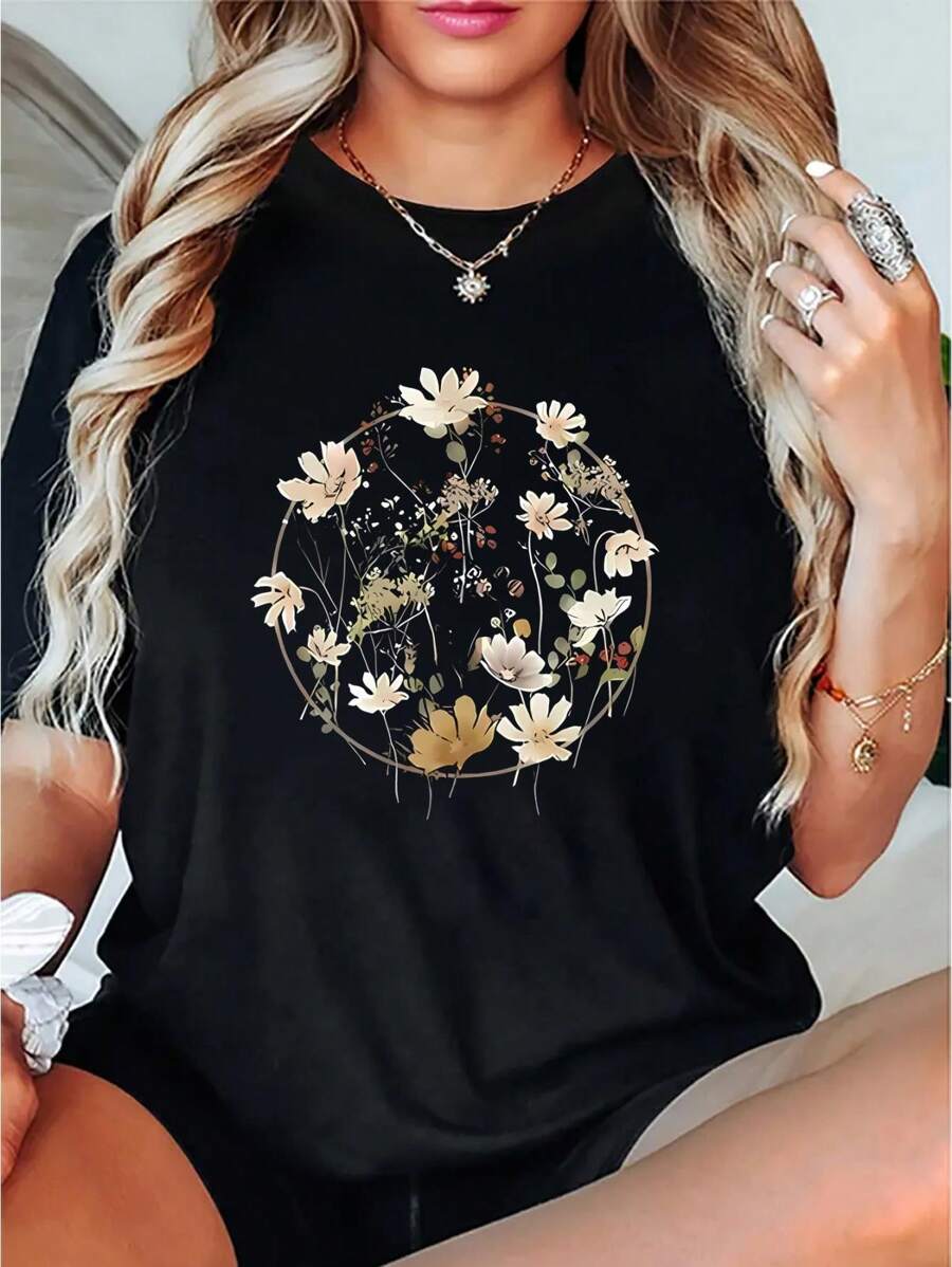 Women's Floral Print Casual Crew Neck T-Shirt - Short Sleeve, Stretchy Cotton, Black With Golden & White Circular Flower Design, Comfortable Summer Top For Casual Attire, Ladies T Shirts - Printing T Shirts