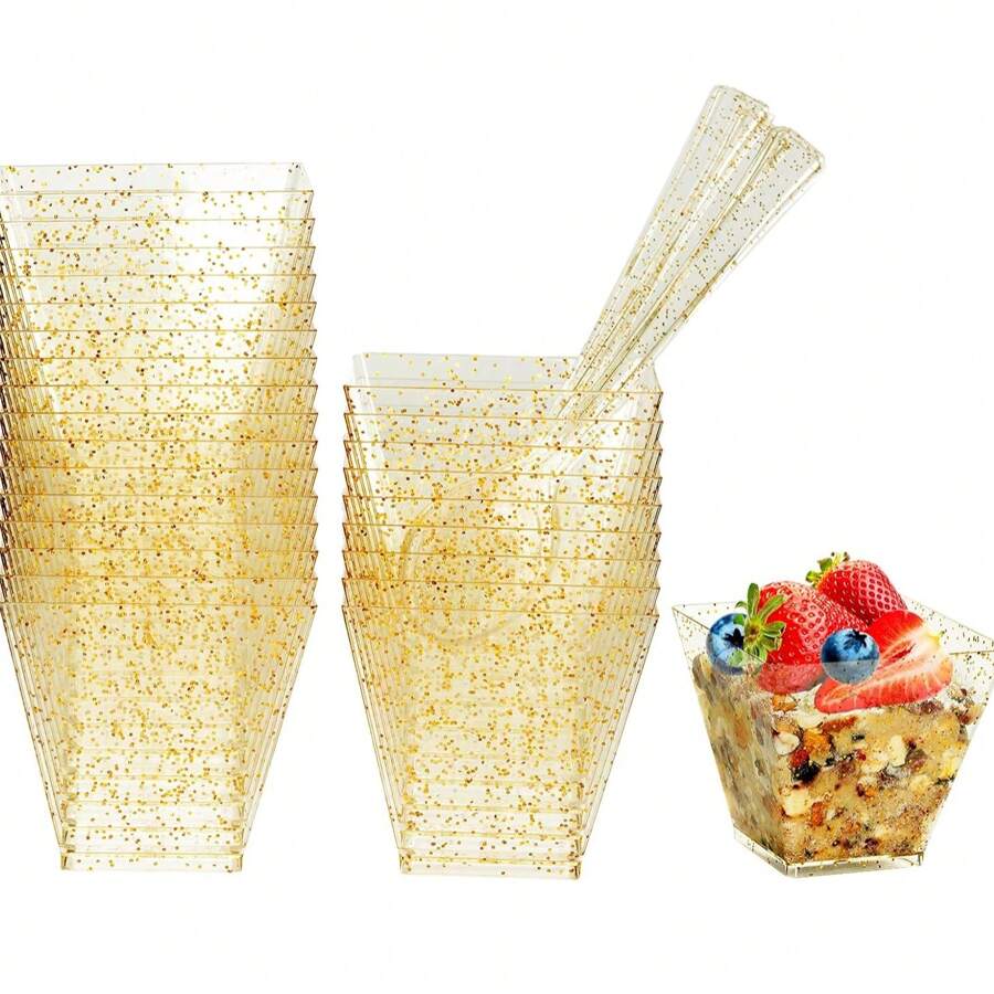 200/150/100/25/10 Pack Gold Glitter Square Dessert Cups, Mini Plastic Parfait Appetizer Cups With Spoons,Shooter Serving Cups For Wedding Party Events, Appetizers, Tasting Party, Snacks, Parfait (2 Oz)