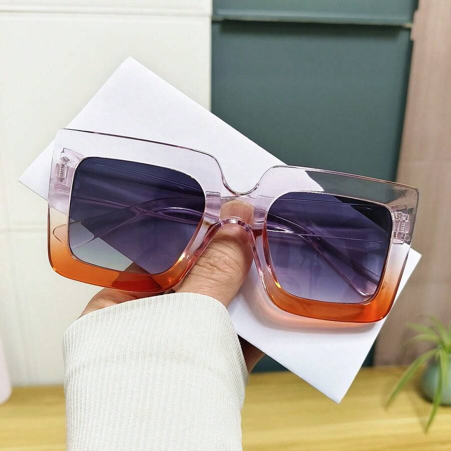 Modebrille für Frauen, Designerrahmen in quadratischer Oversized-Bicolor-Optik, dekorative Sehhilfe, geeignet für Musikfestivals, Sommerurlaub am Strand, Outdoor, Reisen
