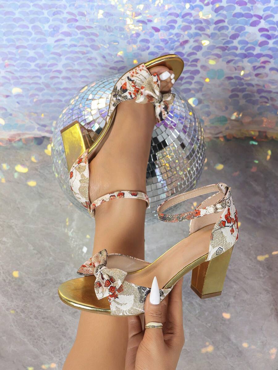 Sandalias con tacón ancho, puntera redonda y decoración de lazo estampada para mujer, zapatos de tacón alto de fiesta y moda para el verano