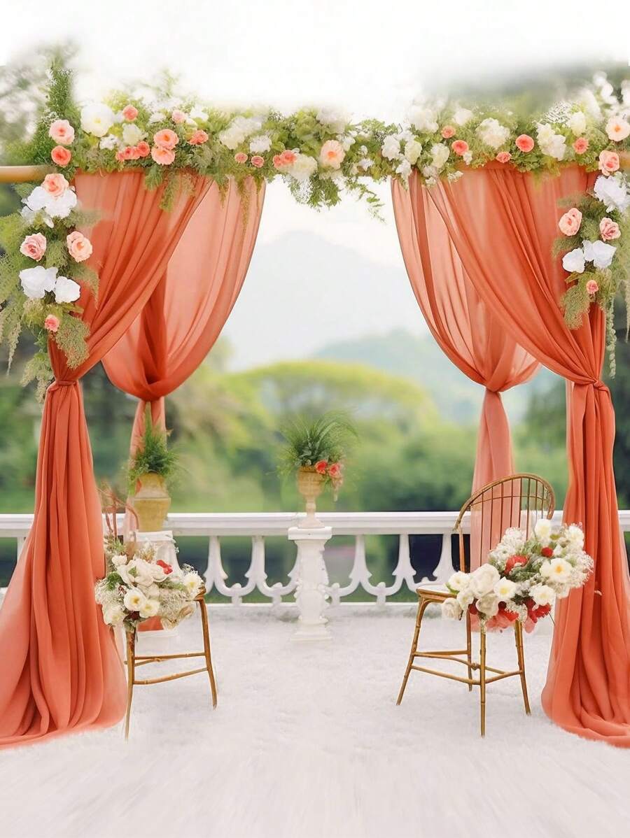 1/2pcs Orange Red Polyester Wedding Valance, Wedding Archway Fabric, Birthday Party Background Decoration, Wedding Party Bridal Shower Decor Room Decoration Supplies, Stair Fence Decor, Chair Back Decoration, Sheer Mesh Door Curtain, Gauze Table Runner, Table Cover, Banquets Party Supplies