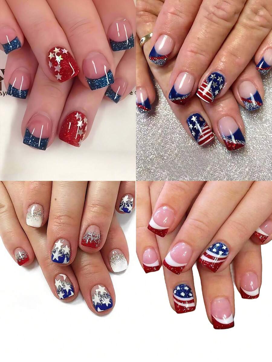 96 pièces Ongles courts, Faux Ongles Carrés, Ongles Français Bleus, Motif Étoile, Ongles Pression Y2k, Faux Ongles Mignons, Fournitures pour Ongles, Salon de Manucure, Ongles, Convient pour le Jour de l'Indépendance pour les Femmes et les Filles