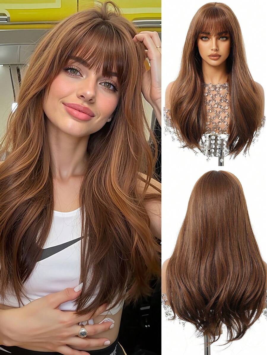 Linen Brown Butterfly Haircut Curly 22 Inch Hair Wigs For Women Girls Synthetic Wavy Hair Replacement Wigs Music Festival For Women To Achieve A Cute Look Easily Wear Halloween