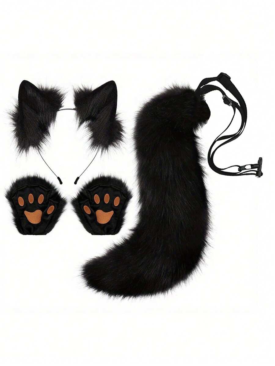 4pcs Soft Plush Adorable Fox Cosplay Accessory Set - Mask, Ear Headband, Tail With Paw Prints & Gloves Flirting Accessories