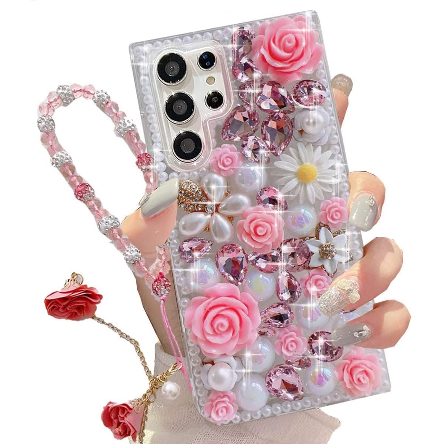 Étui scintillant et brillant pour Galaxy S25 Série/S24 Série/S23 Série/S22 Série, étui de luxe féminin et mignon avec fleurs en cristal 3D, strass et perles. Inclut une bandoulière poignet. Cadeau idéal pour les femmes, l'anniversaire, la mère, la famille, les amis, le petit ami, la petite amie