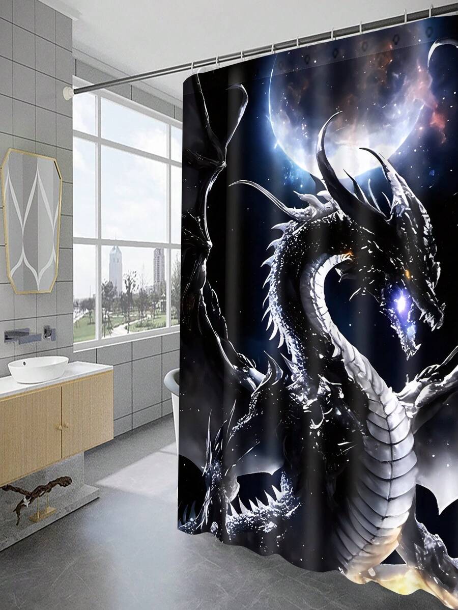 1pc Moonlight Dragon Print Waterproof Shower Curtain, Fabric Bathroom Decor Curtain With 12 Hooks, Decorative Bathtub Partition Curtain, Modern Household Bathroom Decor, Waterproof Polyester Fabric, Machine Washable, Grommet Top, Great As A Gift, Size: 35inX70in, 47inX70in, 59inX70in, 70inX70in Mother's Day Flowers, Personalized Gifts For Mom, Last Minute Gifts, Mother's Day Ideas, Mothering Sunday Gifts, Handmade Cards For Mum, Best Mother's Day Gifts Under $50