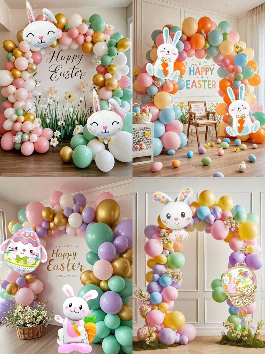 66/130 piezas Kit de arco de globos para Pascua, decoraciones de fiesta de Pascua con globos dorados y pastel, globos de foil con conejos, zanahorias y huevos de Pascua para decorar fiestas temáticas de Pascua, cumpleaños y baby shower de primavera