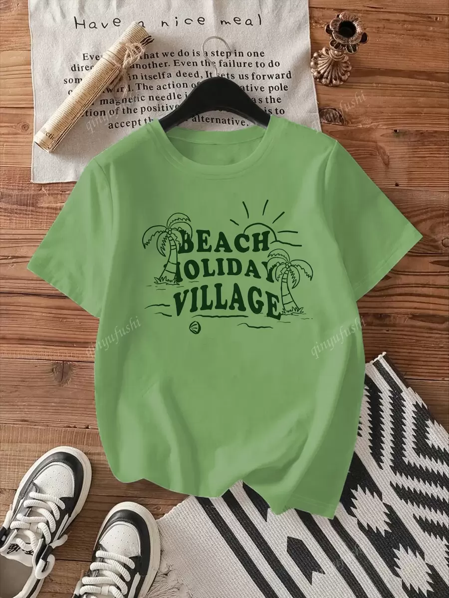 Camiseta de mujer de cuello redondo de manga corta con estampado de árbol de coco, uso casual y sencillo para el verano