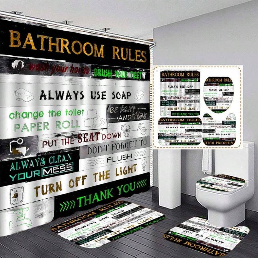 4pcs Waterproof Bathroom Decor Set - 1 Letter Wooden Pattern Shower Curtain, 1 Bath Mat, 1 U-Shape Toilet Mat, 1 Toilet Seat Cover, 12 Plastic Hooks, Easy To Clean