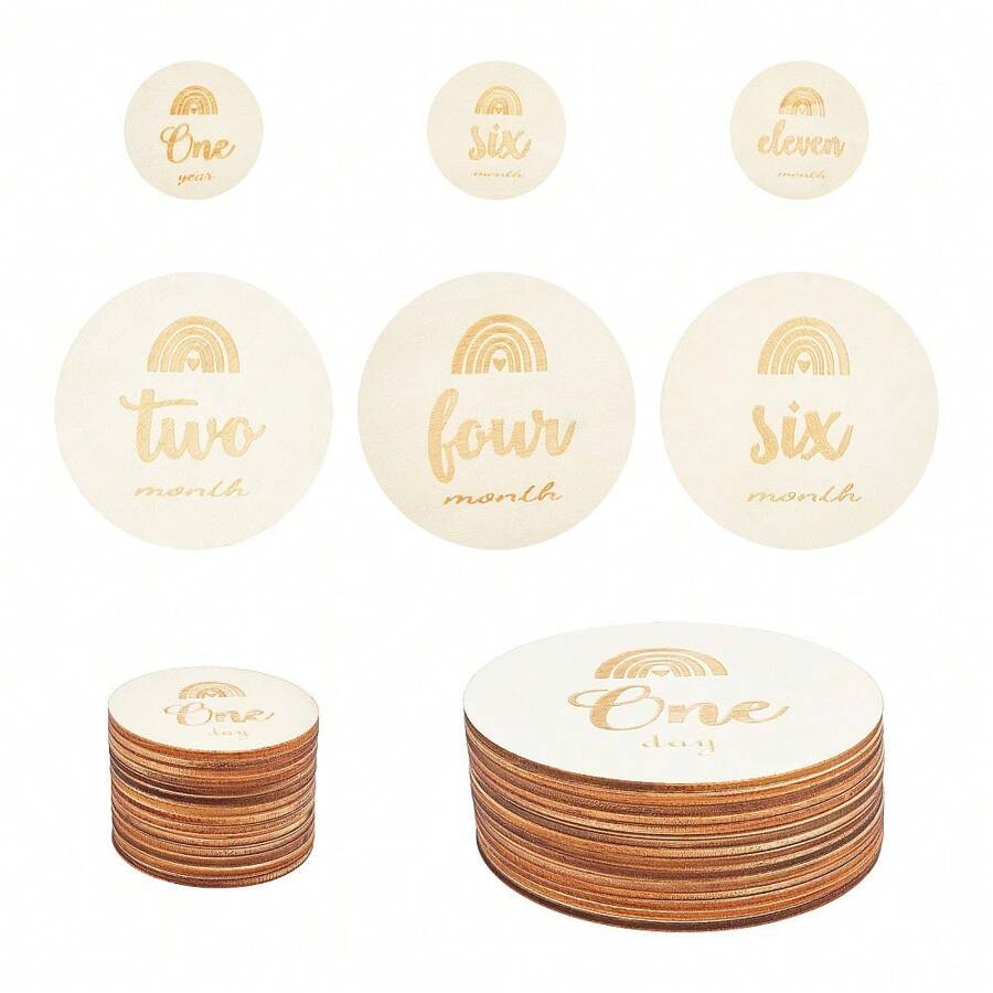 MAGICALCUTDIE 2sets 2 Styles Basswood Milestone Cards Flat Round With Word BurlyWood 5~10x0.2~0.25cm 14pcs/Set 1 Set/Style Sewing Storage