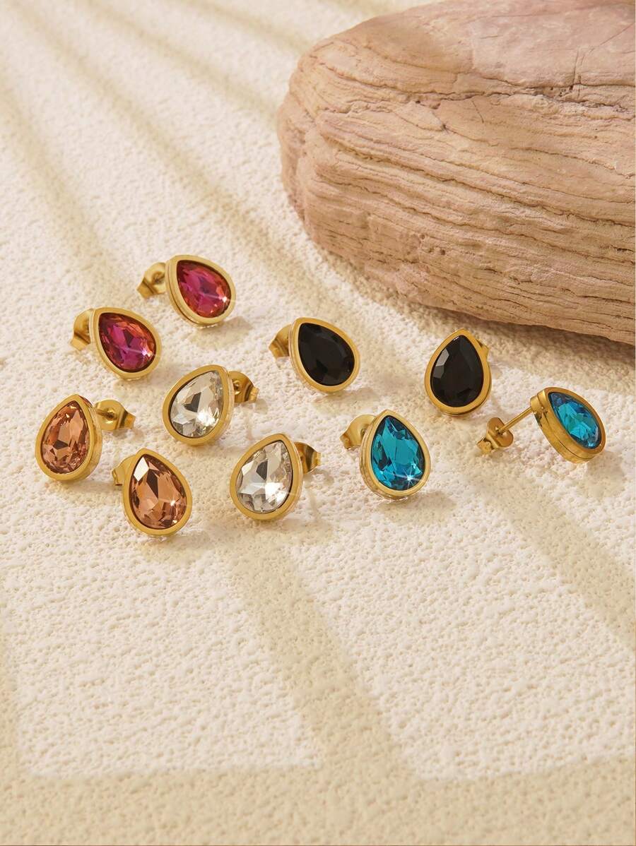 1 par de brincos de pino em forma de gota d'água com strass de vidro colorido incrustado em cores doces de aço inoxidável, adequados para uso diário feminino ou como presente de dia das mães