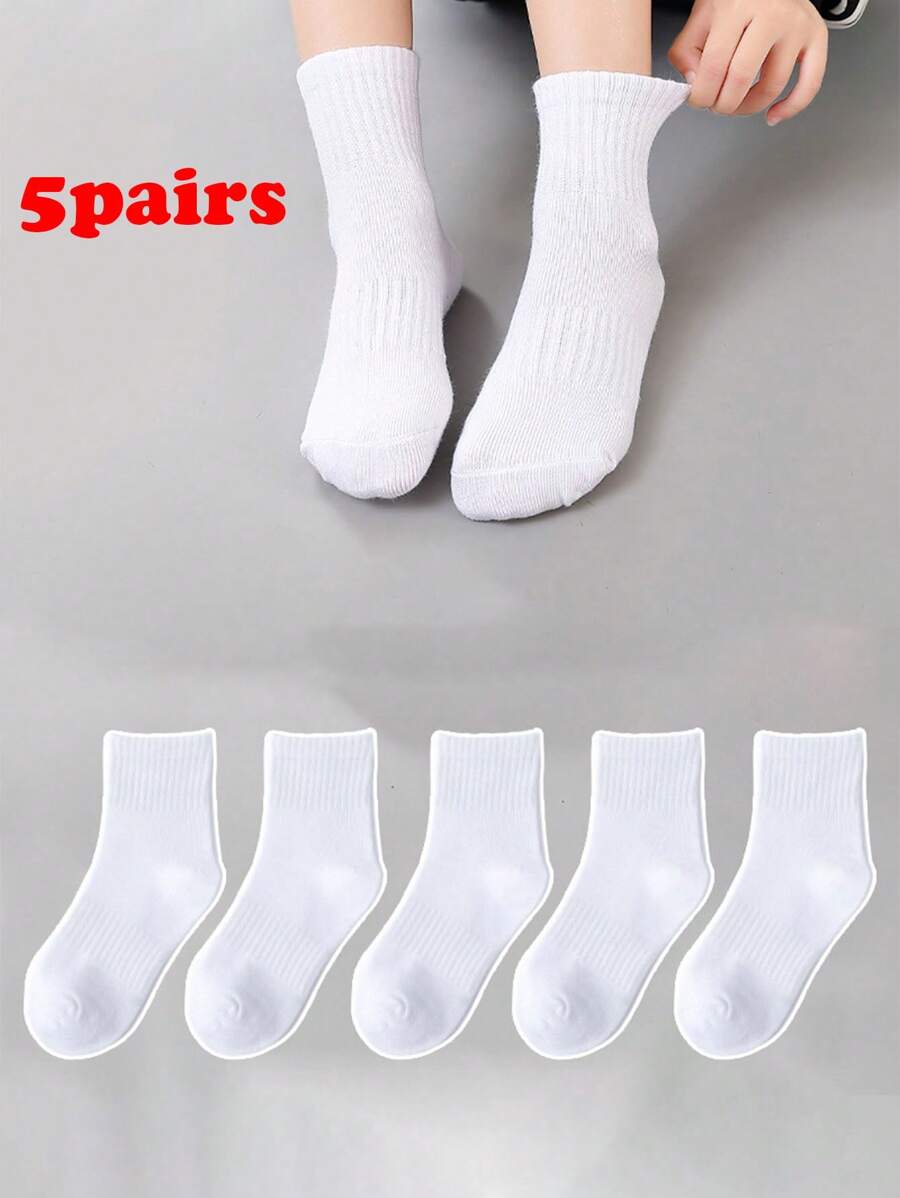 5 Pairs Classic All White Children's Sports Ankle Socks, Moisture Wicking School Uniform Socks