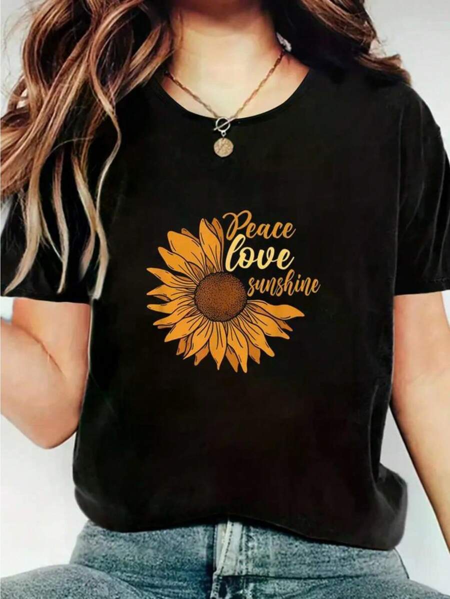 Peace Love Sunshine Her Sunflowers Graphic Women's T-Shirt, Round Crew Neck Soft Short Sleeve Casual Top For Spring Summer, Cheerful Sunflower Lover Gift