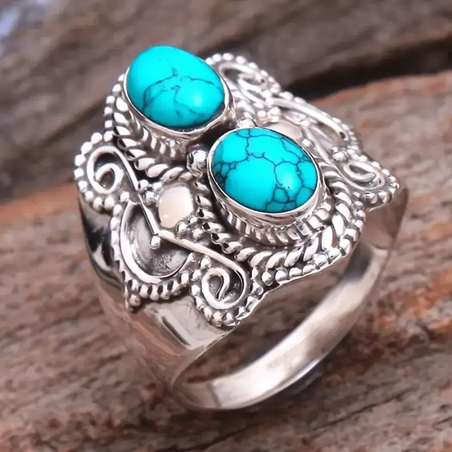 1 Stück Boho-Stil silberplattierter Ring mit Türkisstein, elegantes Jahrestags-Geschenk, Verlobungs-/Hochzeitsring für Frauen, Valentinstags-Geschenk
