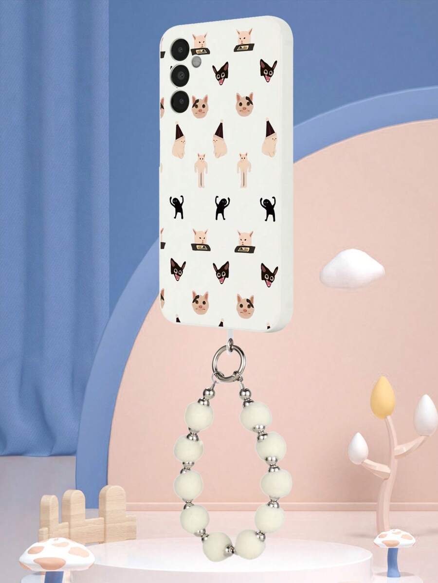 1pc White TPU Layered Cartoon Cat Meme Pattern Drop-Proof Phone Case And 1pc White Furry Pom-Pom Phone Lanyard Strap, Compatible With IPhone/Android///OPPO Phones, Including IPhone 16 Pro Max, A14, A54, A52, A31 4G, A23, Redmi Note 8 Pro, Note 11 Pro 4G, Note 12 4G, OPPO A54