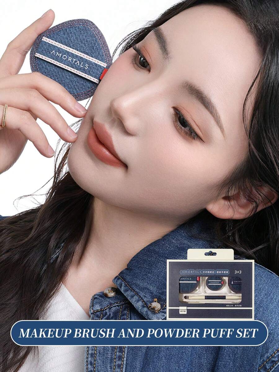 Amortals 3 pièces Tampons à coussin d'air + 3 pièces Set cadeau de pinceaux de maquillage en jean, incluant des pinceaux pour fond de teint, fard à joues, ombre à paupières, anticernes. Convient aux débutants et à tous les types de peau. Idéal pour les vacances et le maquillage quotidien.