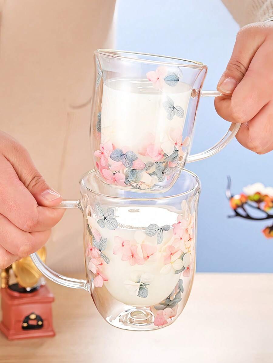 Tasse en verre avec poignée et fleurs séchées, Mug à café avec poignée, Tasse à thé au lait avec poignée, Verre à eau, Un choix de cadeau idéal ! Retour à l'école