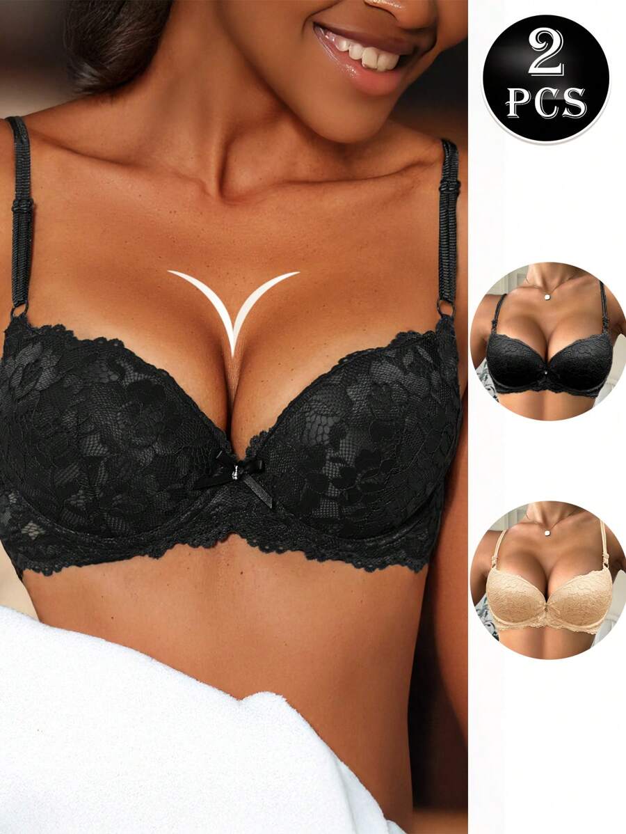 2 Stück Damen Push-Up-BH sexy Spitze Unterbügel-BHs, komfortabler atmungsaktiver Lift-up-BH geeignet für Hochzeitskleid Bustier Lingerie