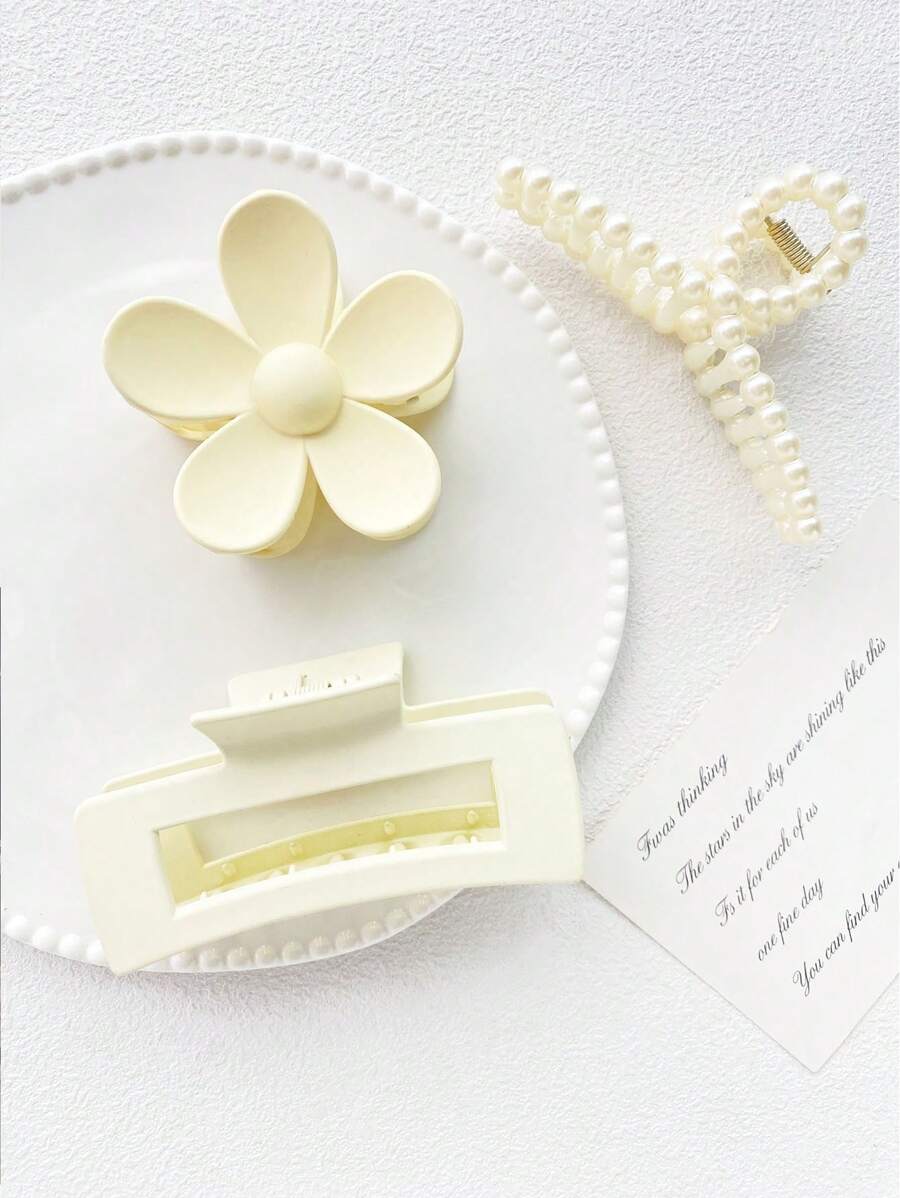 3 stuks witte minimalistische elegante mode hars haar klauw clips set, klassieke 5-bladige bloemen imitatie parel holle vierkante haar accessoires combo, geschikt voor dagelijkse outfit, baden, make-up haarstyling, witte haar clips
