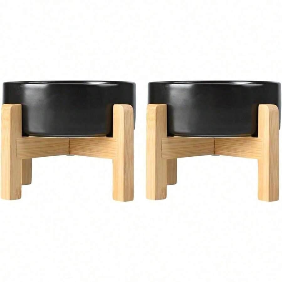 Ceramic Dog Food And Water Bowl Set 2 Pack Raised Dog Bowls Anti-Slip Wooden Stand Elevated Dog Feeding Bowls For Large Breeds(Black,60OZ*2)