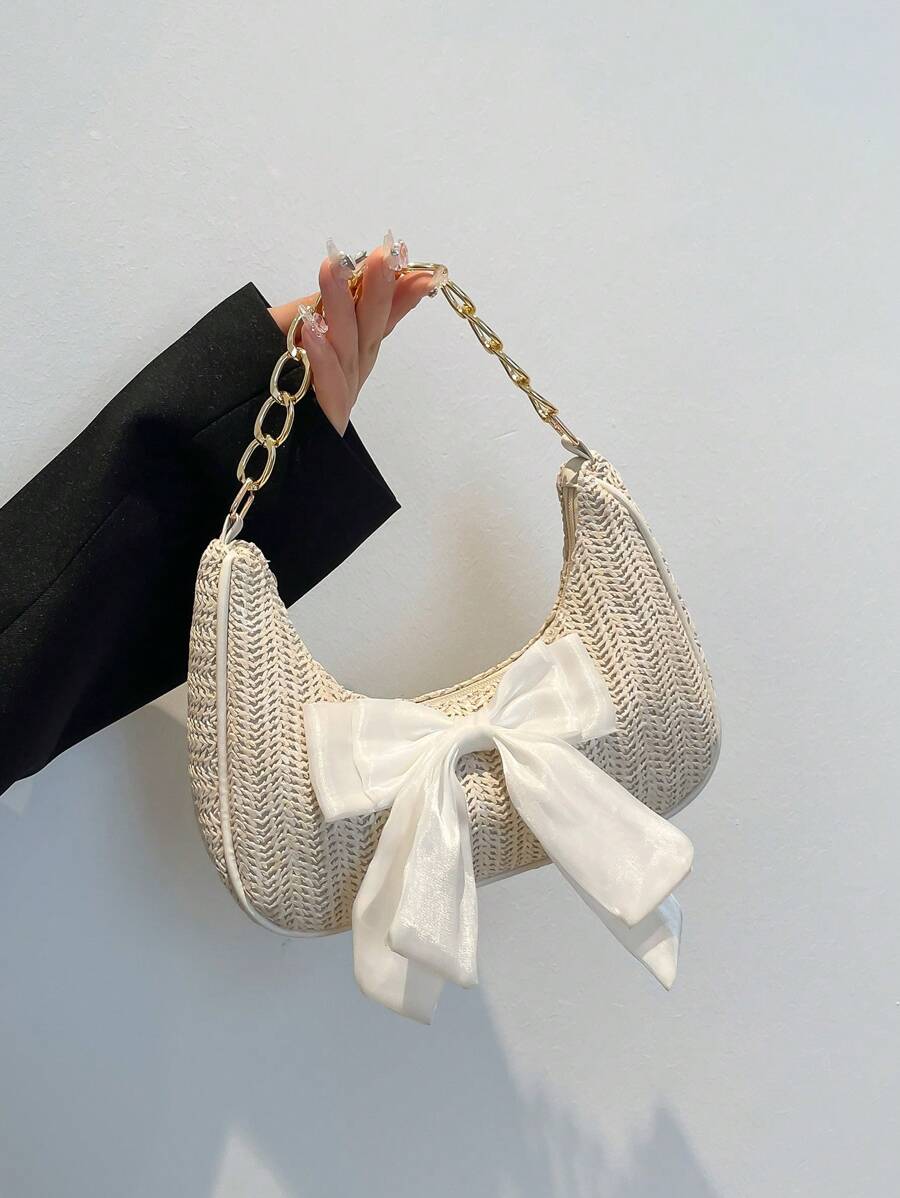 Fashion Solid Color Metal Chain & Straw Crescent Moon Women's Multifunctional Handbag With Bow, Scarf Decoration, Casual Straw Beach Bag, Clutch Purse, Cute Bow Bag For Women