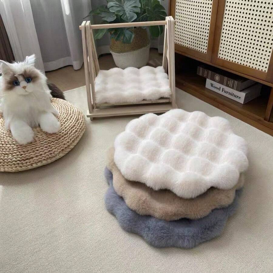 Alfombra redonda de felpa esponjosa, suave y de color crema, linda almohadilla decorativa para cama de mascota, silla, taburete, cojín de silla de oficina, cojín de asiento