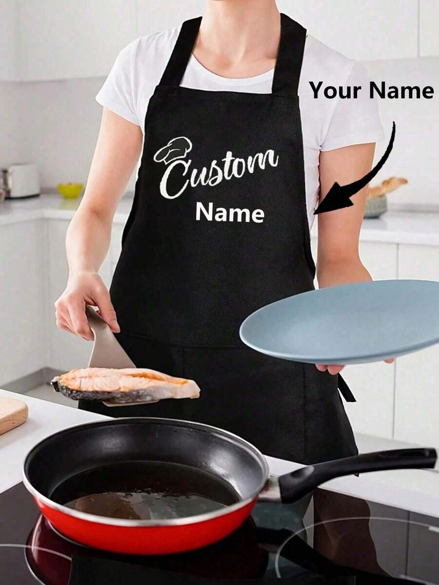 1pc Customized Black Kitchen Cooking Apron, Modern Polyester Oil-Proof Apron, Black Kitchen Apron, Polyester Apron For Garden, Kitchen And Housework Perfect For Home, Restaurant, And Kitchen Cooking