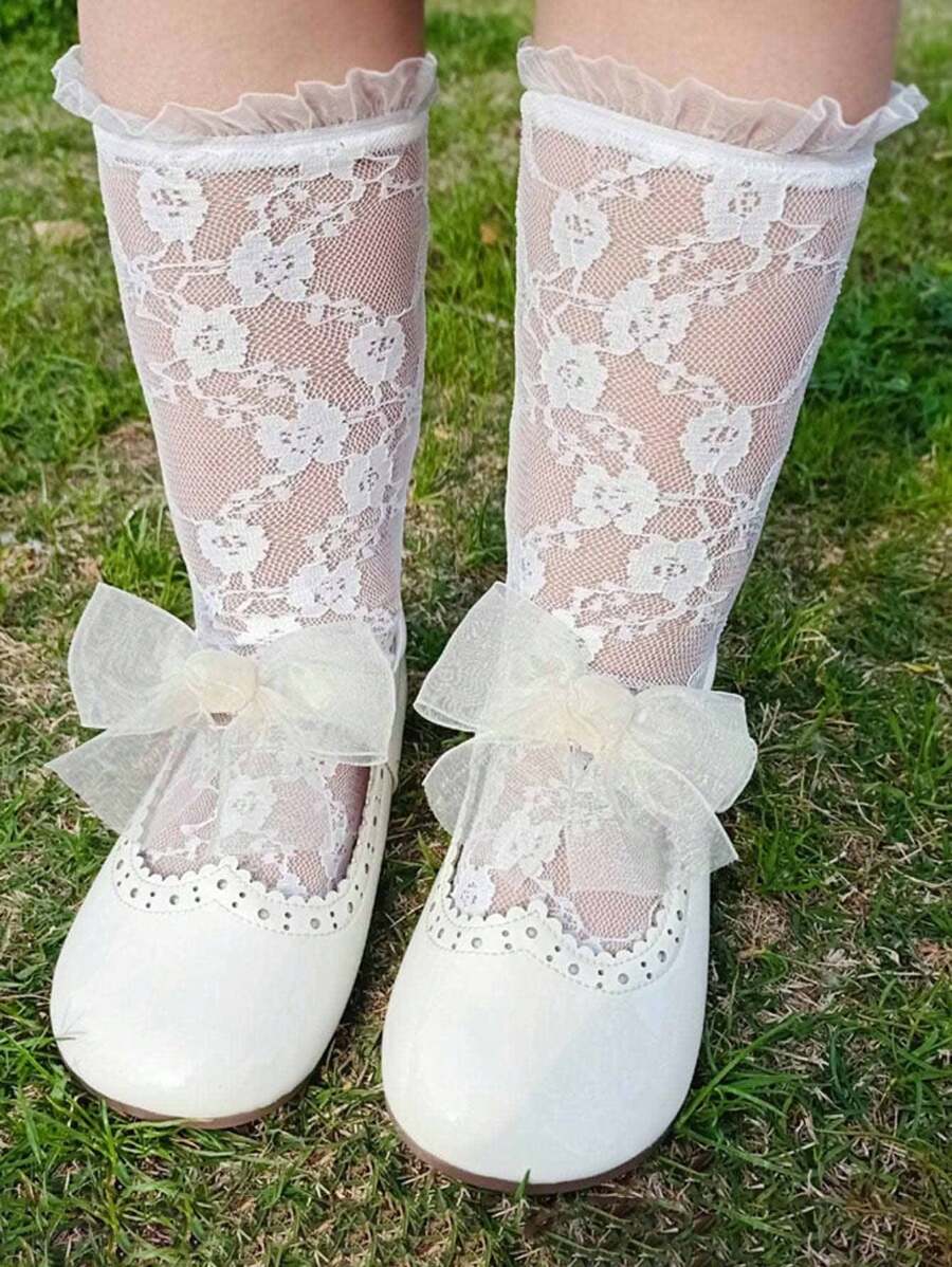 1 Pair Kids Thin Solid Color Lace Mesh Mid-Calf Socks, Breathable Children Ruffle Socks Age 0-8