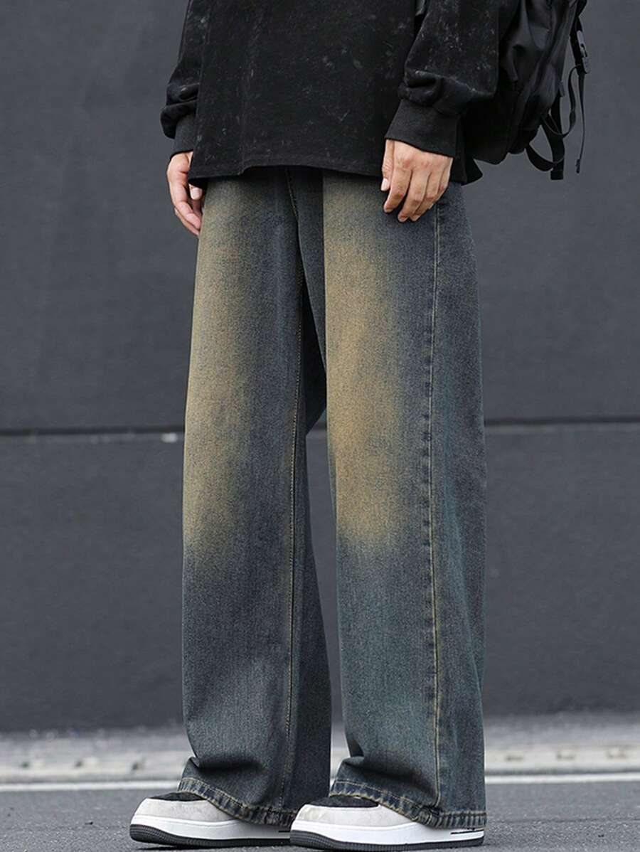 Teenaged Boys' Casual Wide Leg Straight Jeans With Cat Whiskers Design, Loose Fit Denim Pants For Youth And Pre-Teens