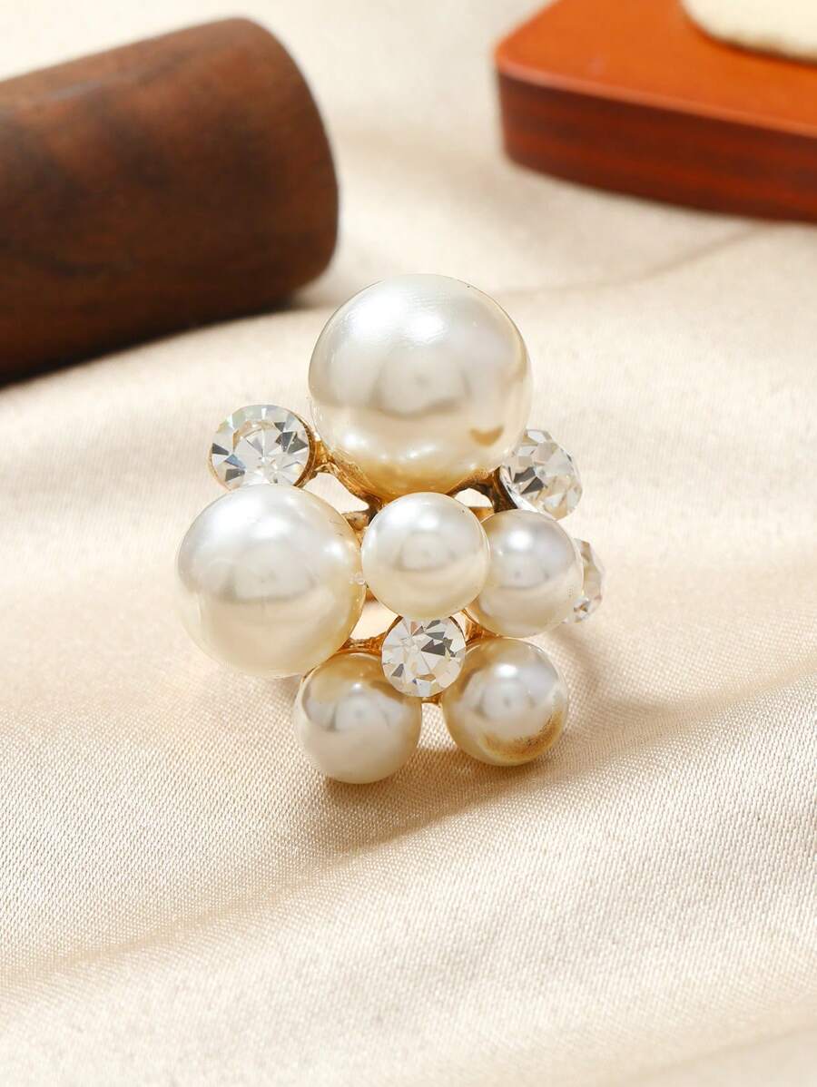 1pc Fashionable Exaggerated Adjustable Floral Shaped Pearl And Diamond Ring