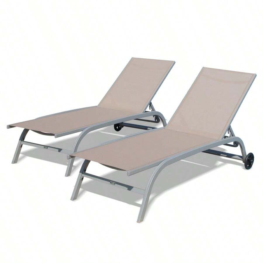 Set de 2 sillas de Chaise Lounge para exteriores con ruedas, sillas de Chaise Lounge para exterior con 5 posiciones ajustables, sillas de Chaise Lounge para piscina, patio, playa, jardín y terraza, de color Caqui