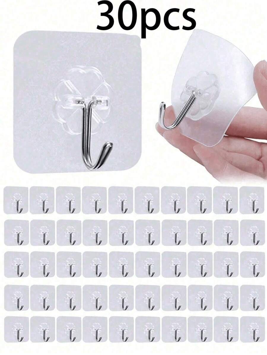 30Pcs/10Pcs/1Pc Translucent Strong Adhesive Hooks, No Need To Drill Holes, Punch-Free Traceless Load-Bearing Hooks, Strong Adhesive Hangers, Removable, Transparent, Waterproof, Rust-Proof, Suitable For Clothes, Hats, Tableware, Shoes, Accessories, Kitchenware, Bags, Kitchen, Bathroom, Living Room, Bedroom, Wall Hanging, Multi-Functional Hanging Storage Rack, Suitable For Family Room Wall Door Cabinet Bathroom Organizer Bathroom Decor Summer Back To School