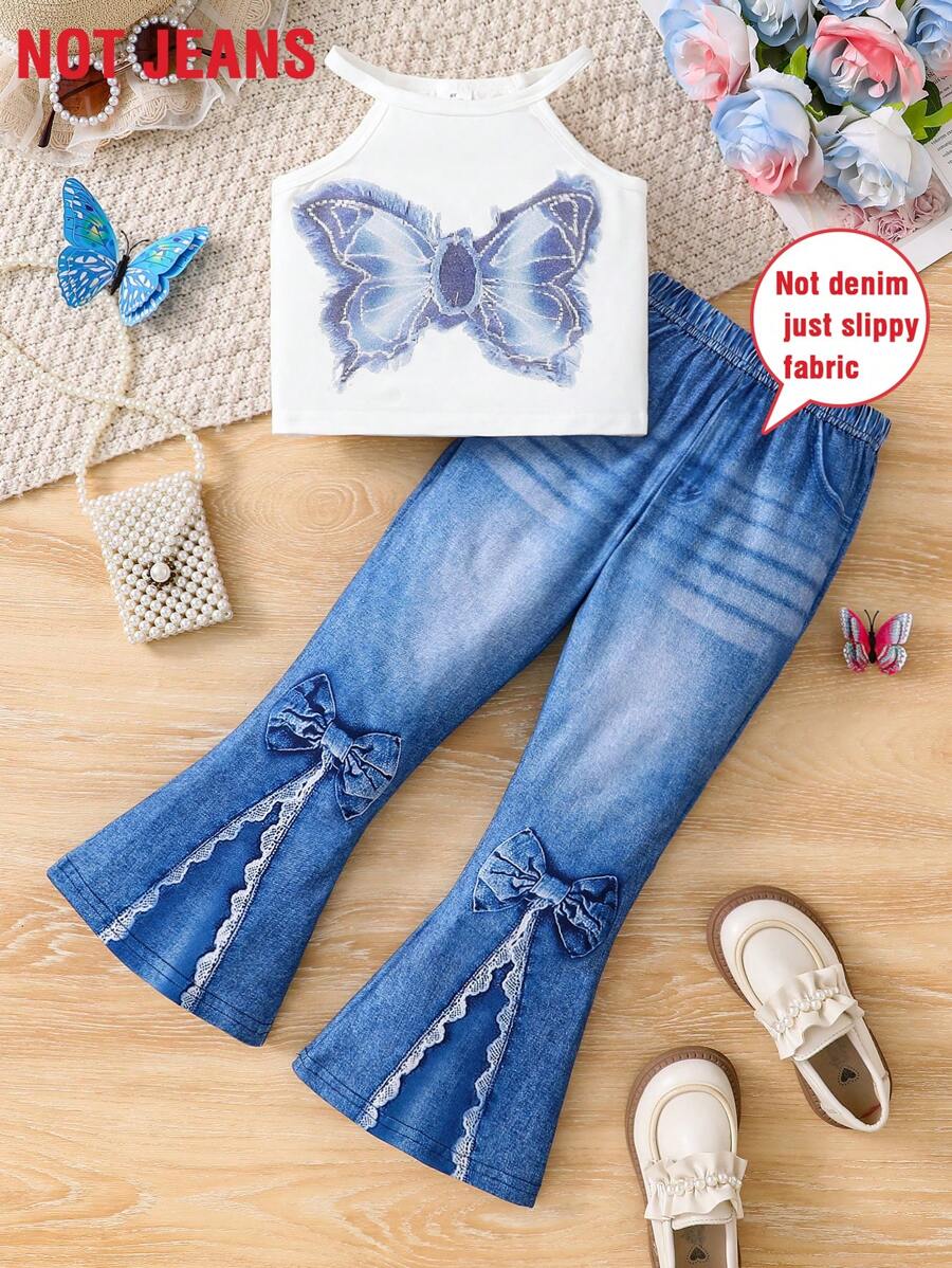 2 Pieces Girl's Outdoor Casual Sports Jogging Running Outfit For Elementary School, Includes Sleeveless White Top With Butterfly Print And Elastic Waist Denim-Effect Flared Pants, Lightweight Summer Wear For Young Girl