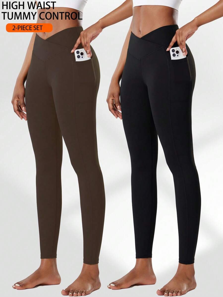 2 stuks V-taille getailleerde taille yogabroek met zijzakken, hoge taille compressietights leggings voor vrouwen, vochtafvoerend, geschikt voor hardlopen, workout, pilates, casual wear