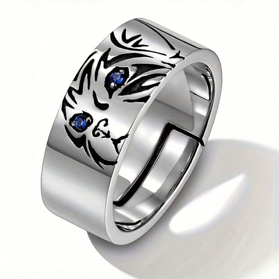 Offener Ring mit 3D Katzenkopf Gravur, minimalistischer Stil