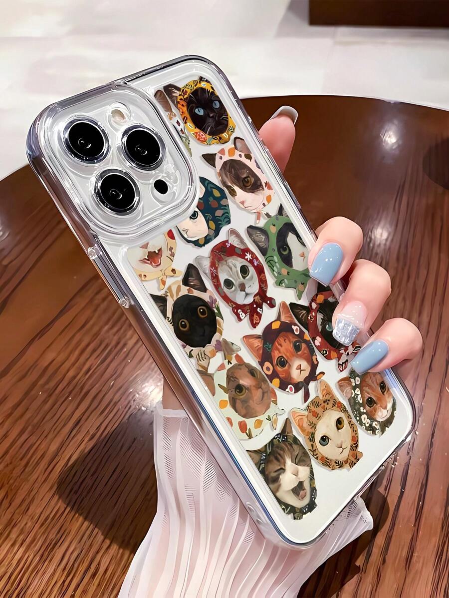 1pc Transparent TPU Full Body Cat Design Shockproof Anti-Fingerprint Phone Case, Compatible With IPhone