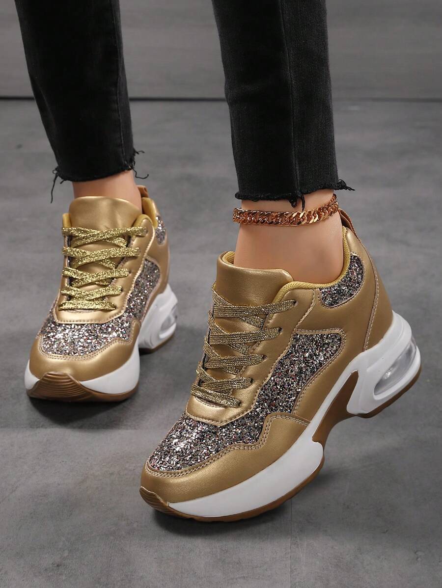 Zapatos de plataforma para mujer 2025 Nuevos zapatos con rhinestone para primavera y otoño, zapatillas deportivas casuales con suela gruesa y cojín de aire