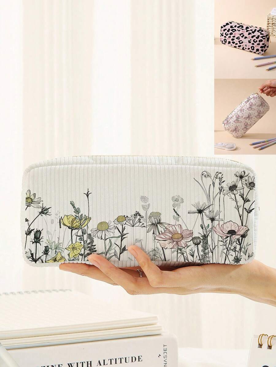 1 st. Bloemenpatroon Grote Capaciteit Dubbelzijdig Bedrukt Corduroy Etui, Perfecte Terug Naar School Etui, Grote Opbergzak, Ideaal Cadeau Voor Studenten