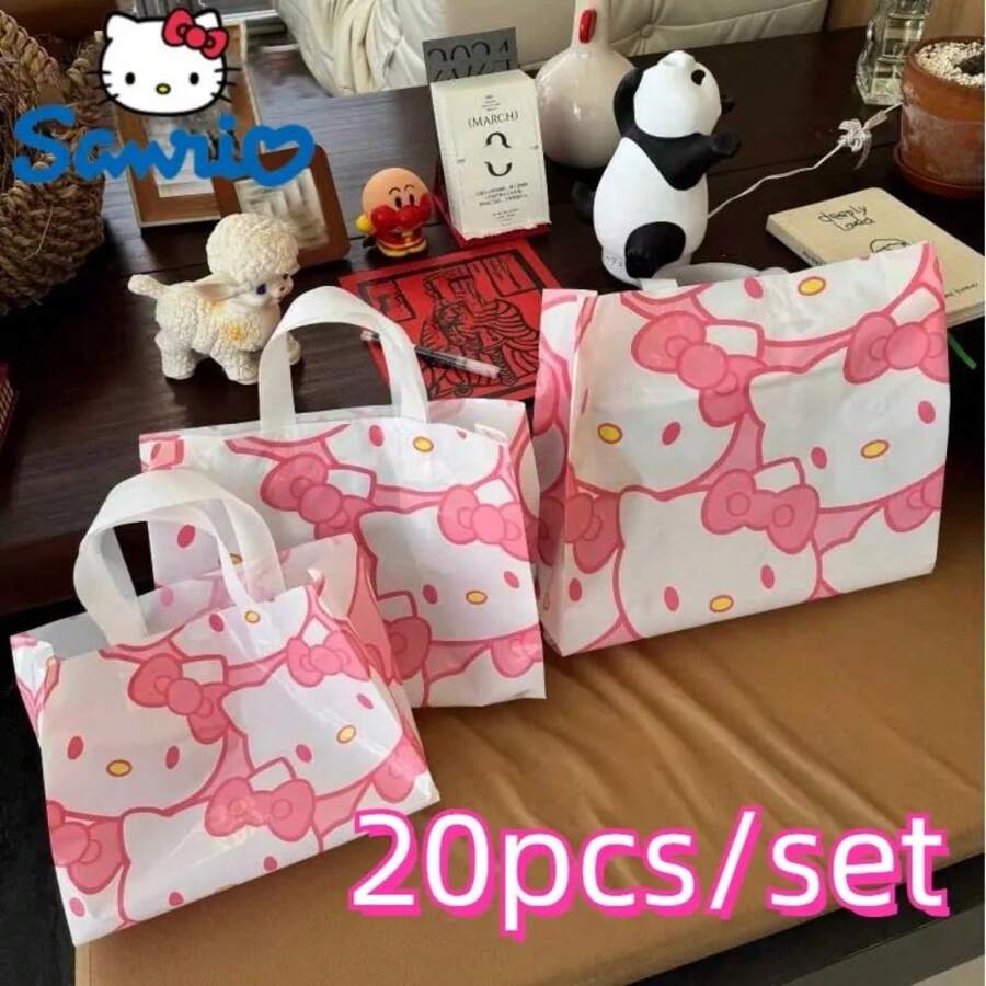 Sanrio 20-Piece Portable Tote Bag, Cute Cartoon Image Design, Ideal For Birthday Gifts And Shopping, Large Capacity, Pink And White Gift Wrap Tote Bag