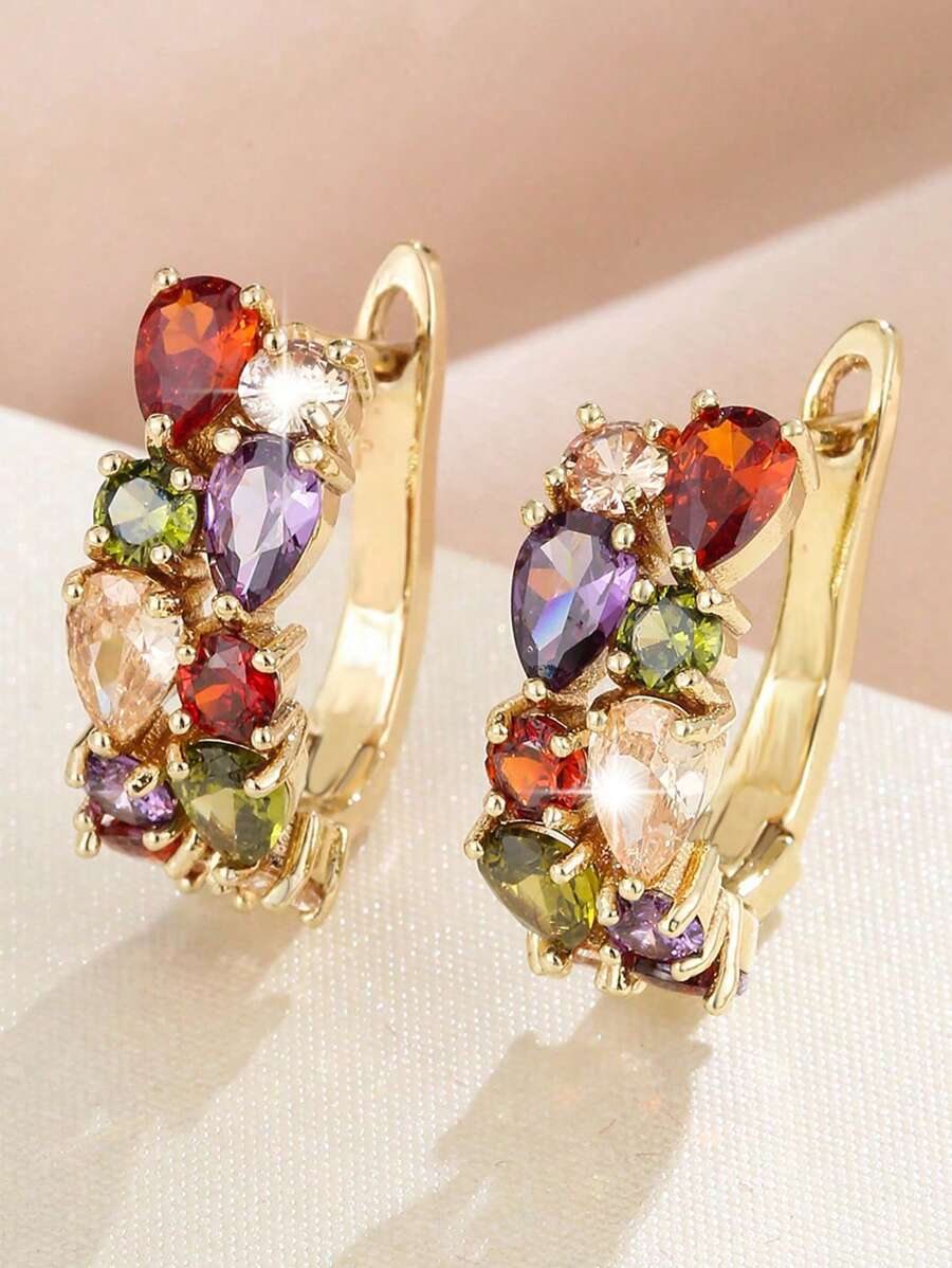 1pair Gorgeous Monalisa Colorful Cubic Zirconia Paved Elegant Round Decor Earrings Luxury Party Jewelry For Women
