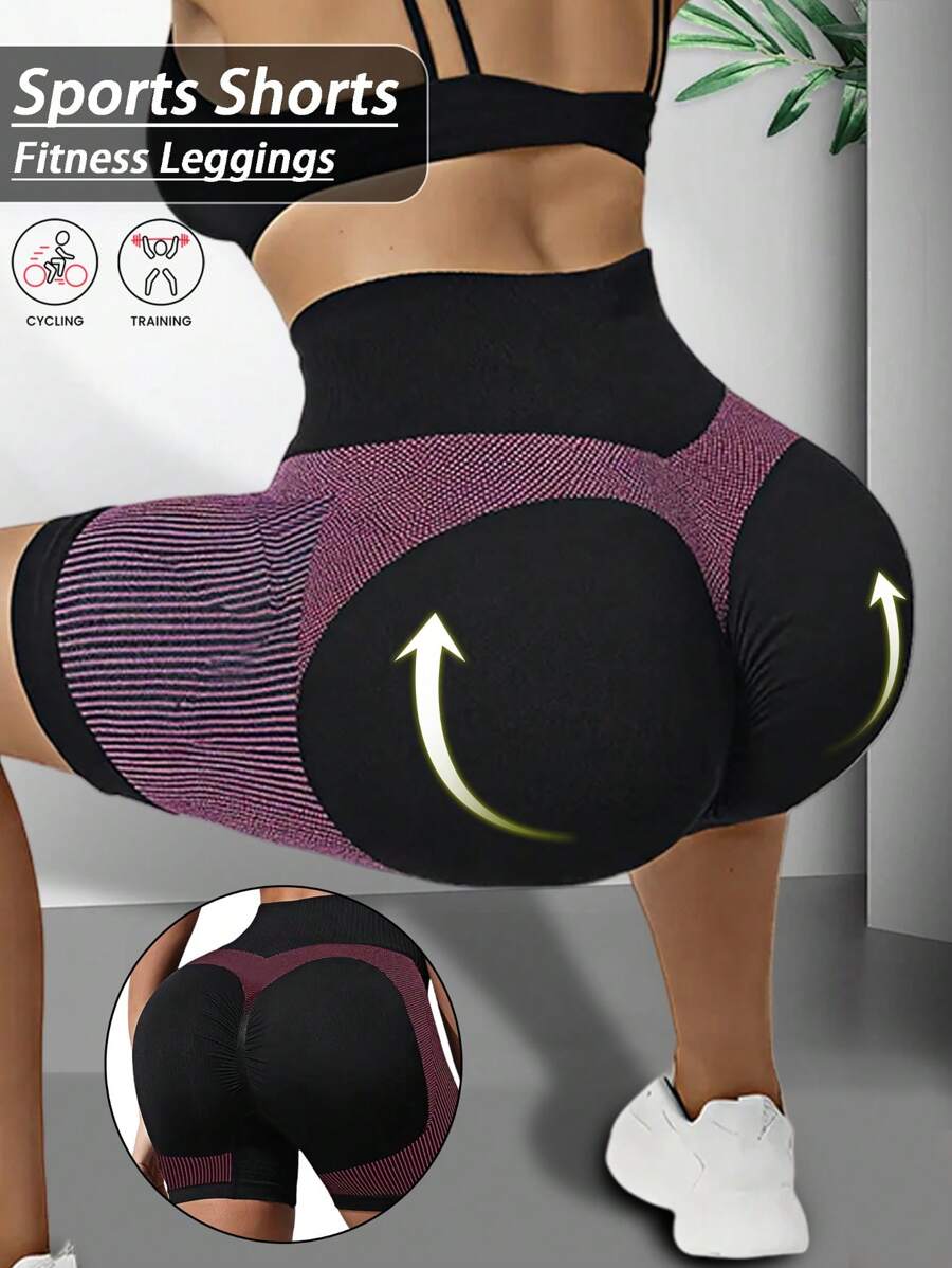Pantaloncini sportivi aderenti a righe, leggings per yoga, in tessuto elasticizzato con vita alta, coulisse, effetto vita alta e aderenza sui fianchi, morbidi, assorbenti e traspiranti, ideali per attività sportive come running, ciclismo e palestra, per donne